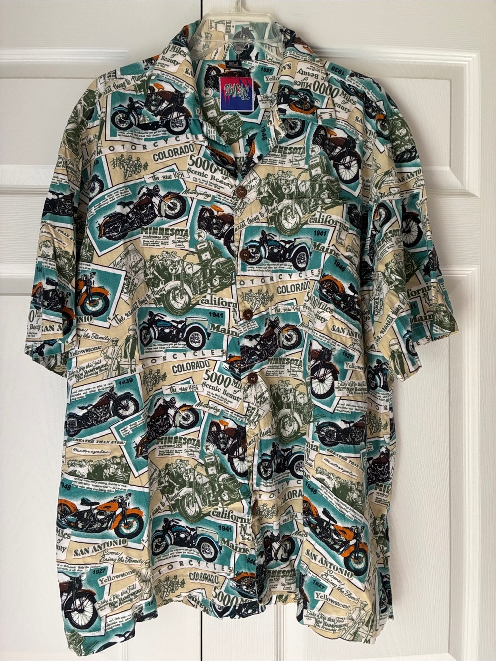 DEM CRAZY Men’s Casual Motorcycle Print Button-Down Shirt - Teal & Cream, XL
